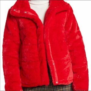 AVEC LES FILLES Faux Fur Puffer Jacket in red size Small, NWT